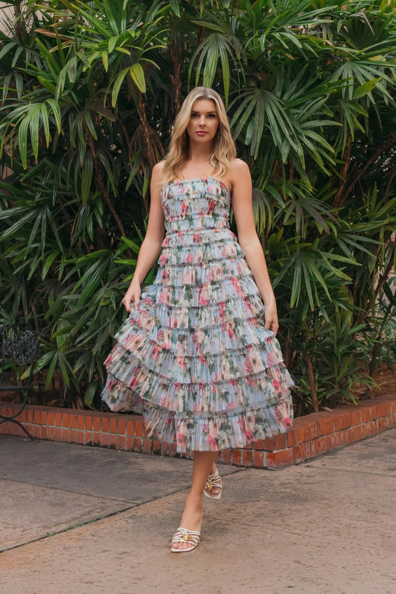 Blue Floral Strapless Ruffle Midi Dress - Image 4