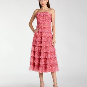 Pink Floral Strapless Ruffle Midi Dress