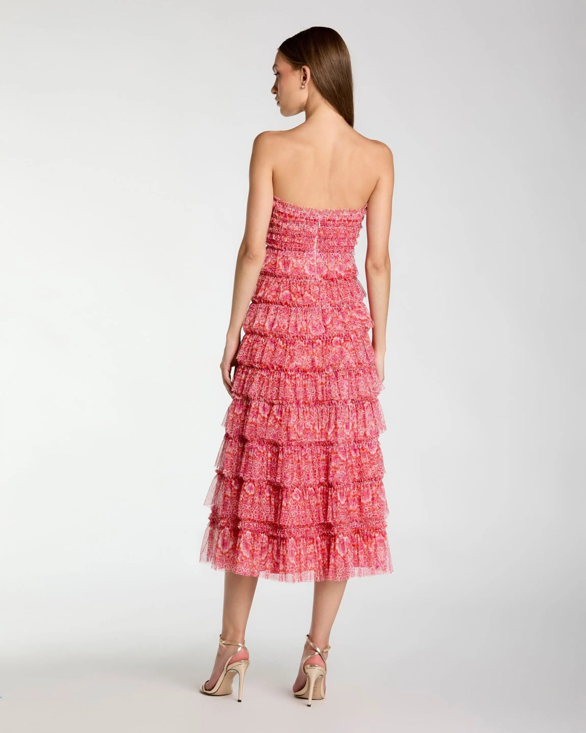 Pink Floral Strapless Ruffle Midi Dress - Image 3