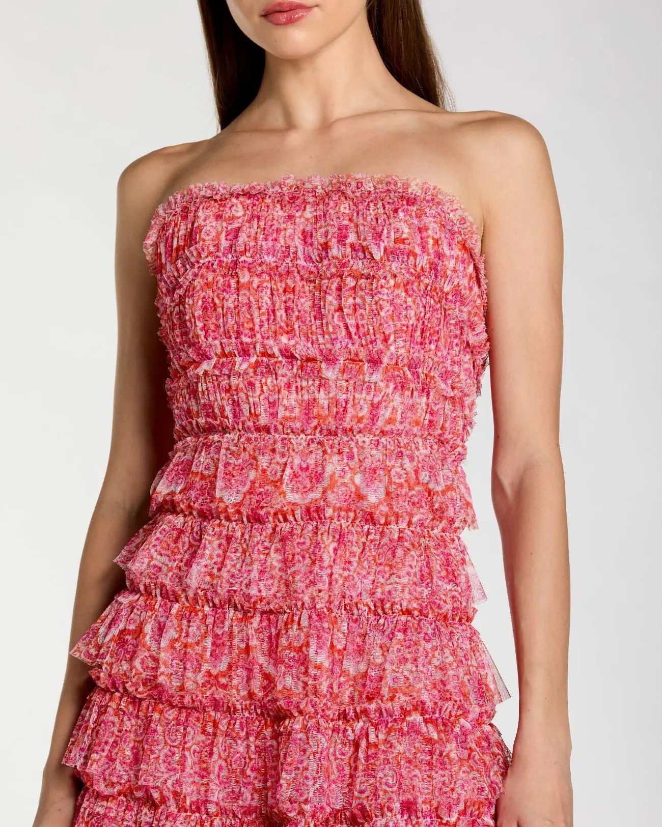 Pink Floral Strapless Ruffle Midi Dress - Image 2