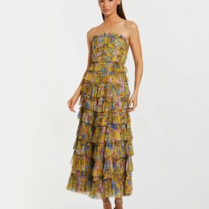 Yellow Floral Strapless Ruffle Midi Dress