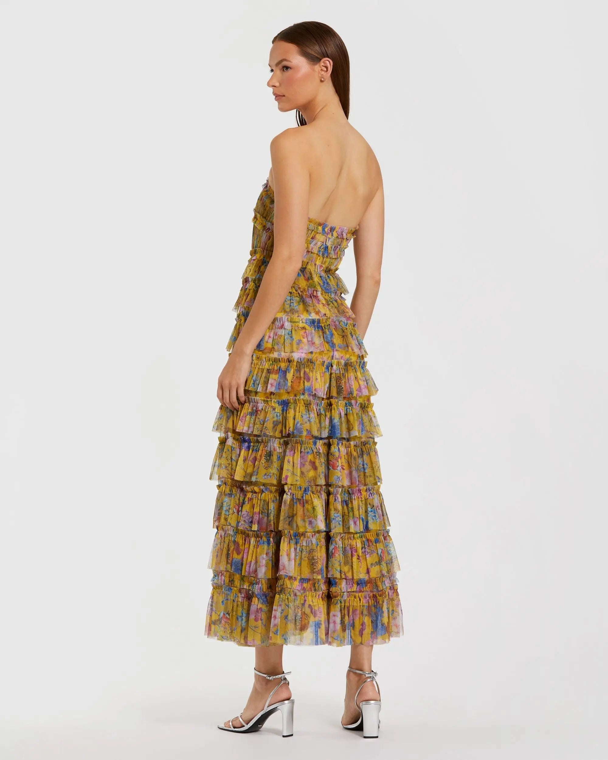 Yellow Floral Strapless Ruffle Midi Dress - Image 3
