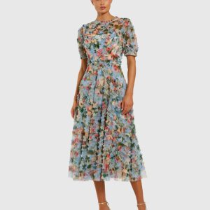 Blue Floral Mesh Ruffle High Neck Midi Dress