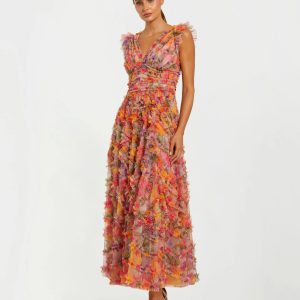 Multicolor Floral V-Neck Ruffle Maxi Dress