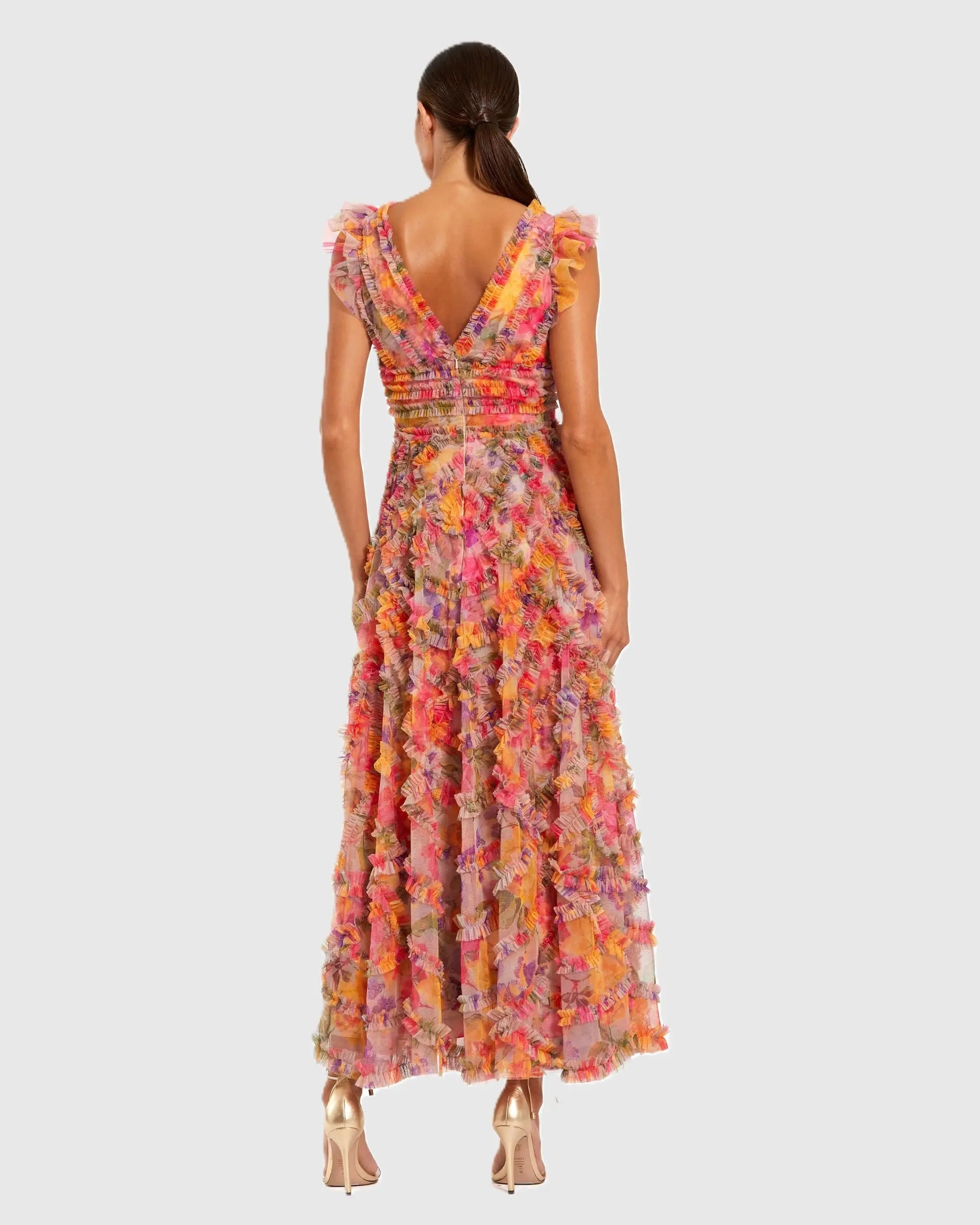 Multicolor Floral V-Neck Ruffle Maxi Dress - Image 3