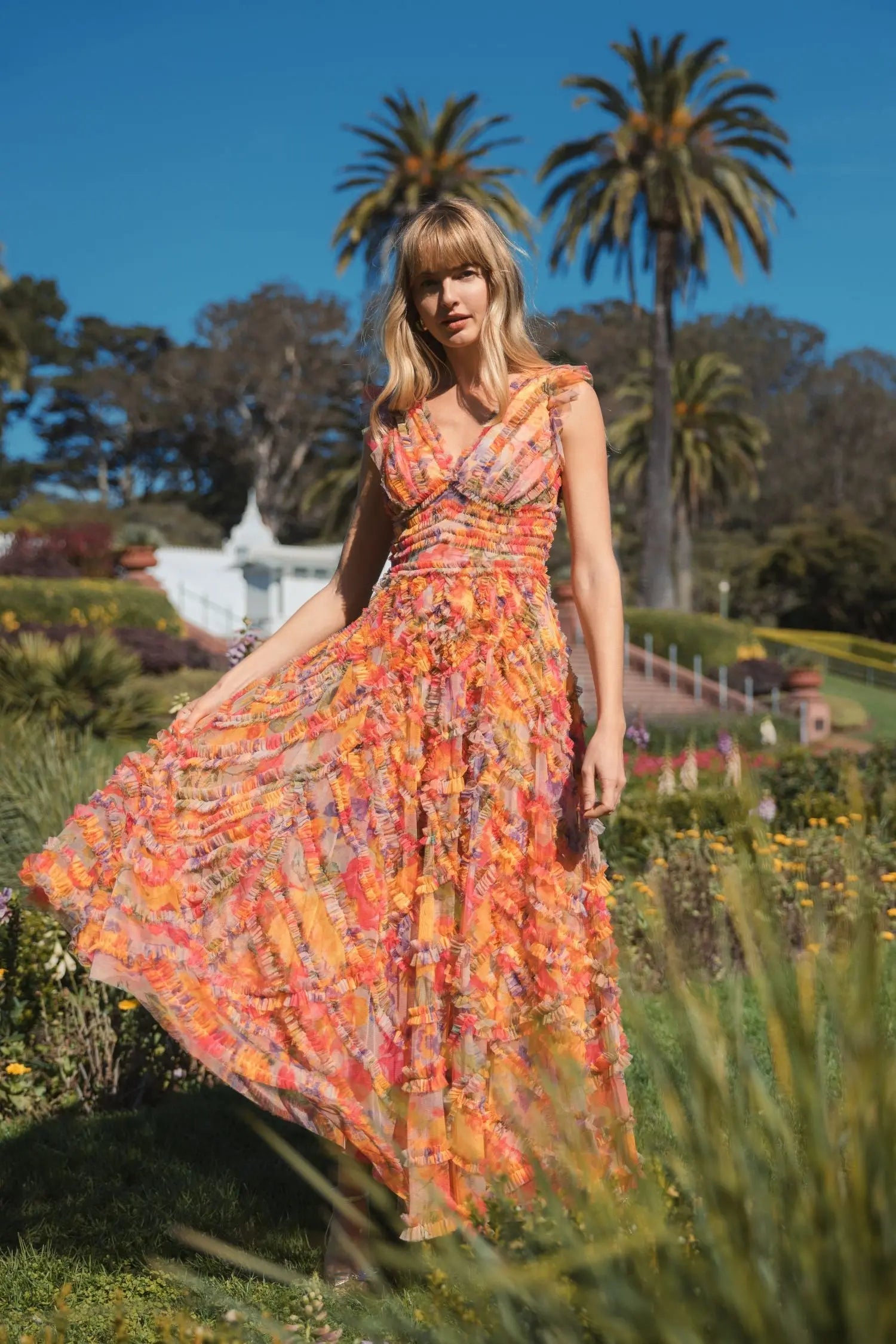 Multicolor Floral V-Neck Ruffle Maxi Dress - Image 6