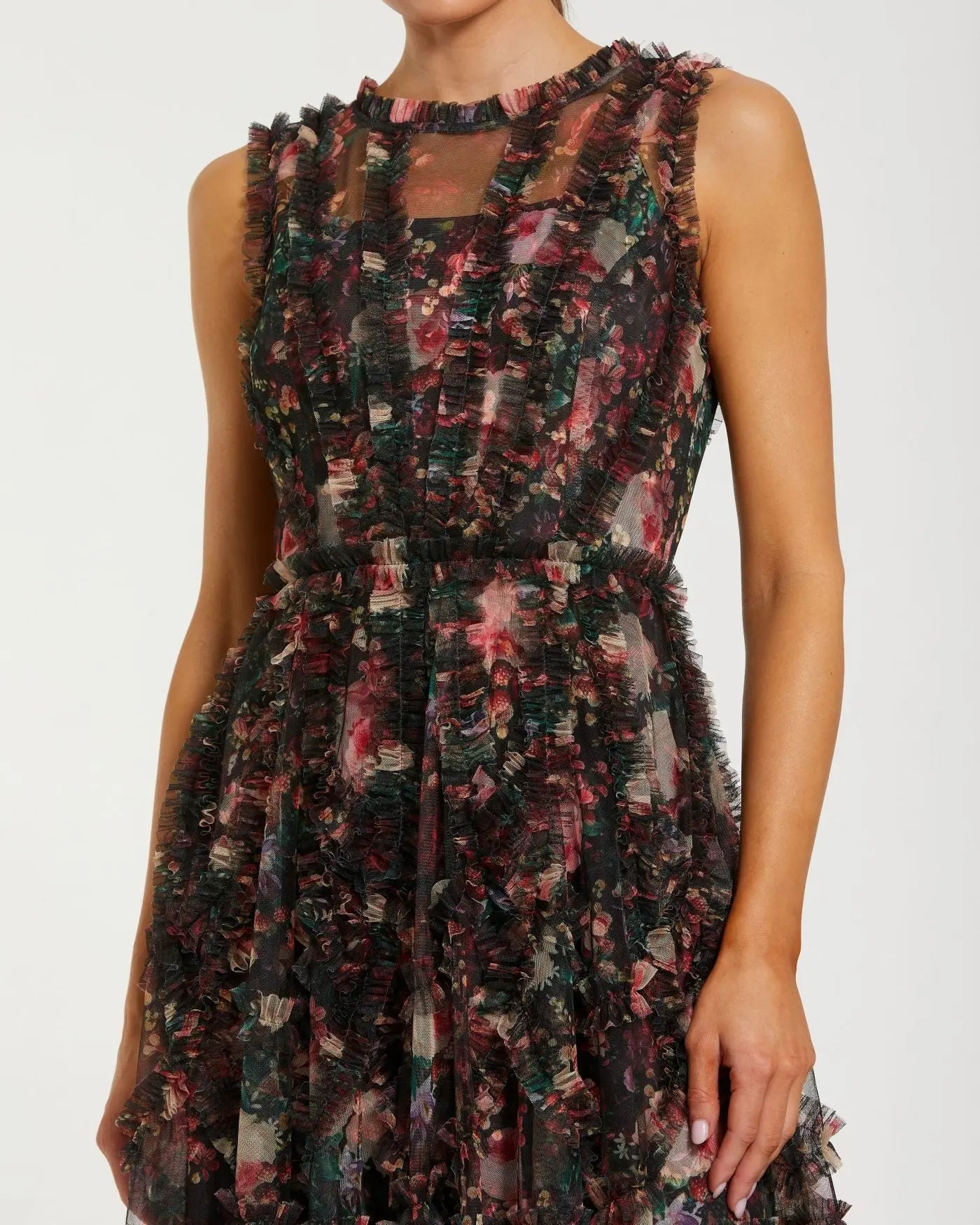 Black Multicolor Micro Ruffle Floral A-Line Mini Dress - Image 2