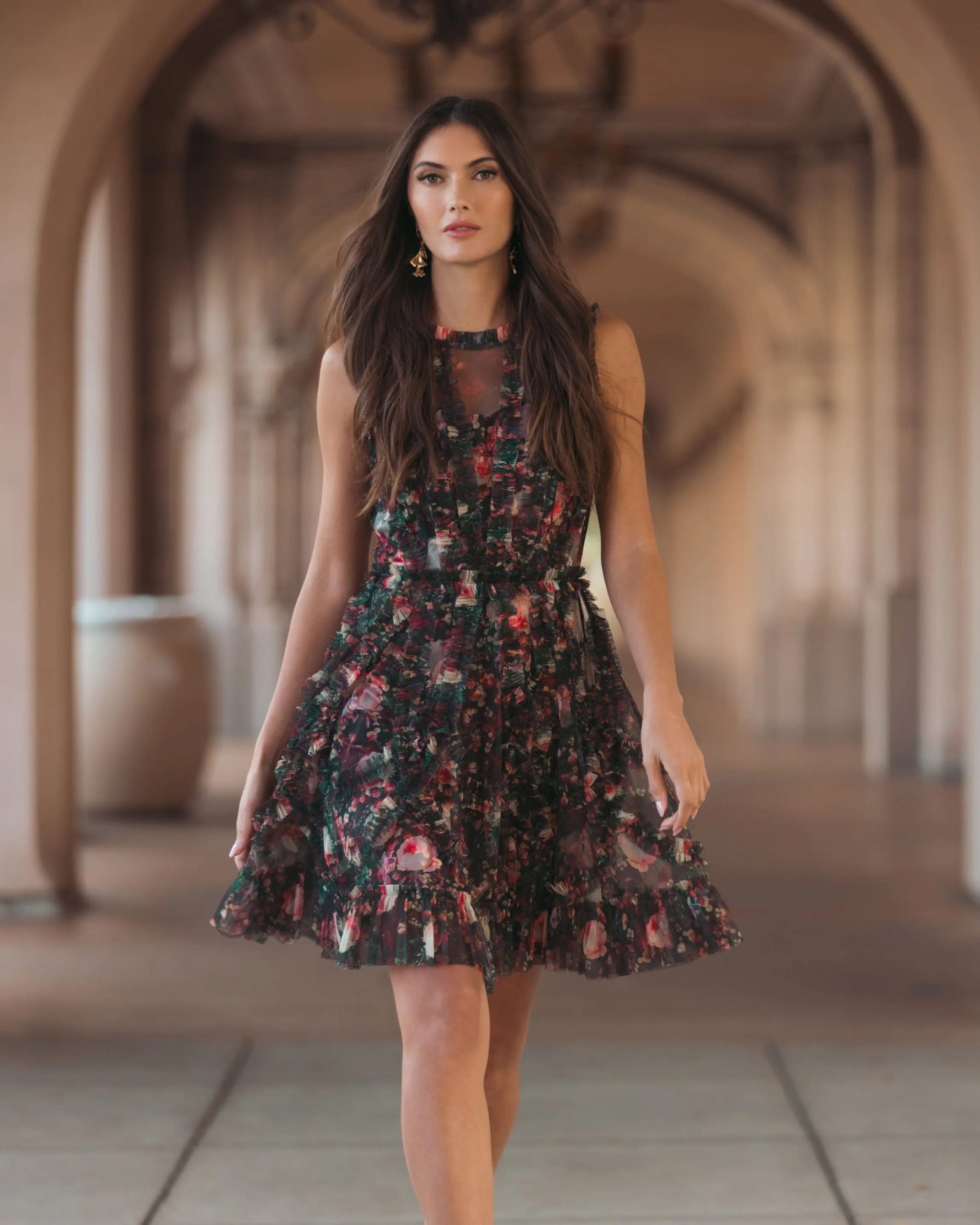 Black Multicolor Micro Ruffle Floral A-Line Mini Dress - Image 5