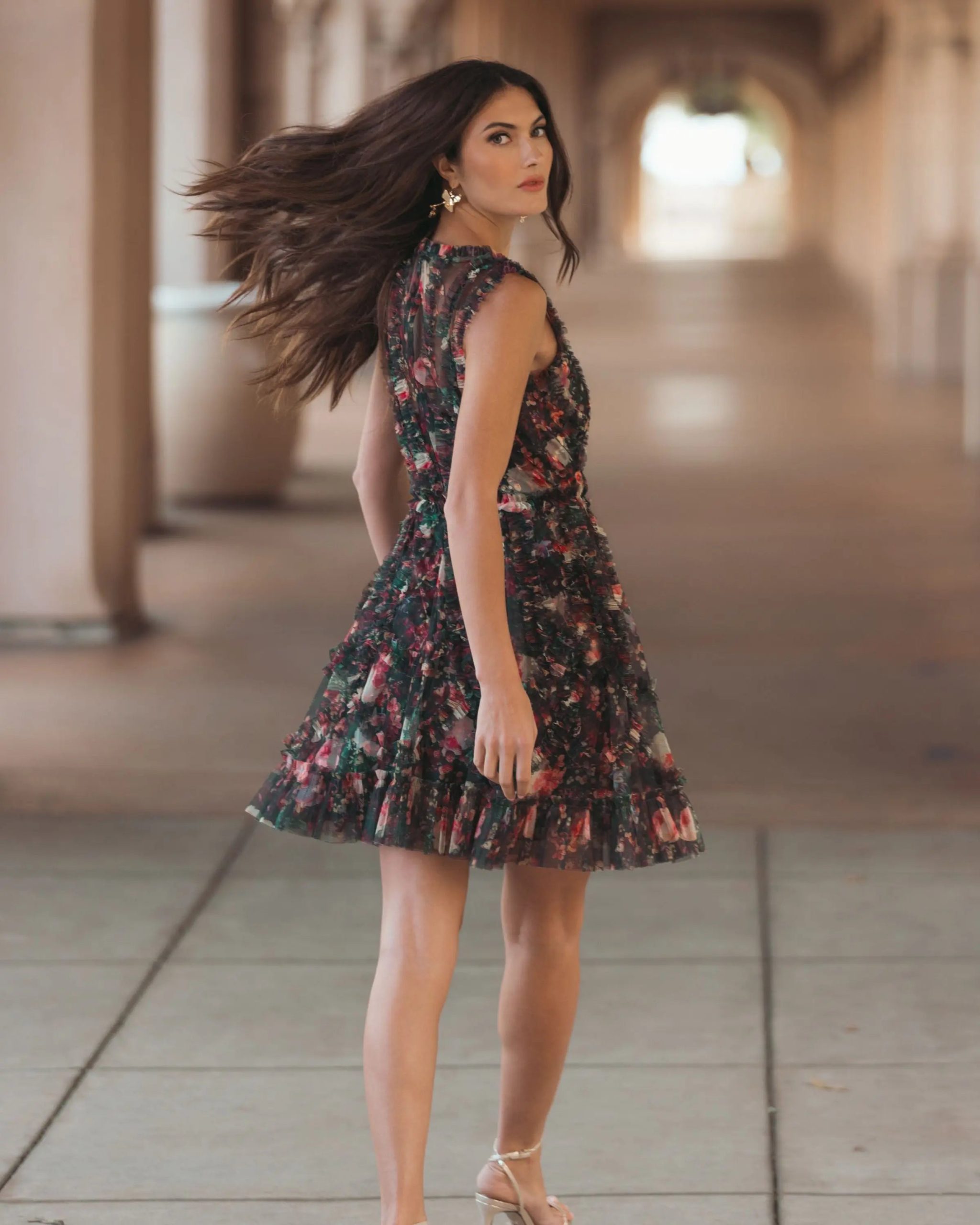 Black Multicolor Micro Ruffle Floral A-Line Mini Dress - Image 6