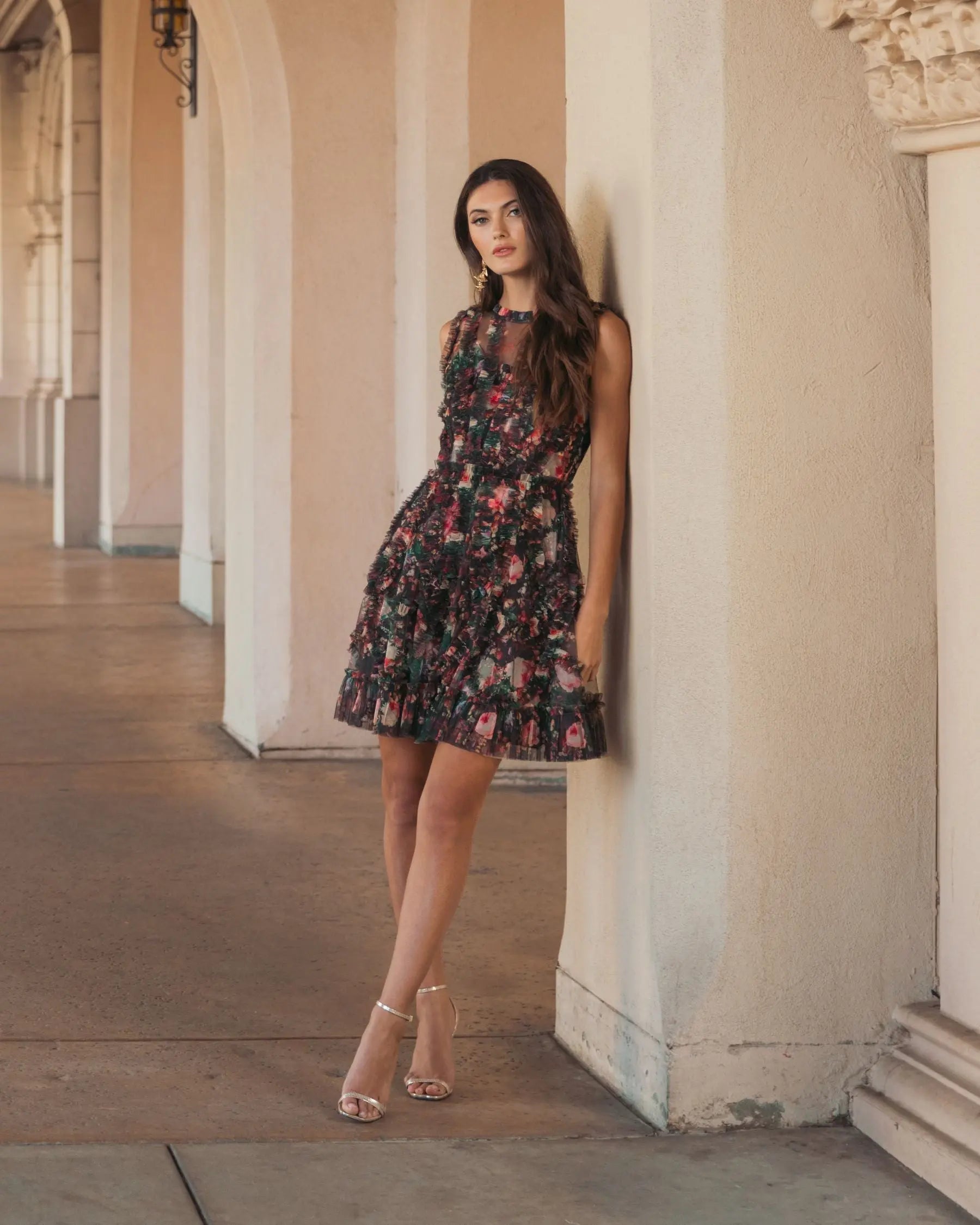 Black Multicolor Micro Ruffle Floral A-Line Mini Dress - Image 4