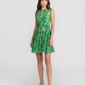 Green Multicolor Micro Ruffle Floral A-Line Mini Dress