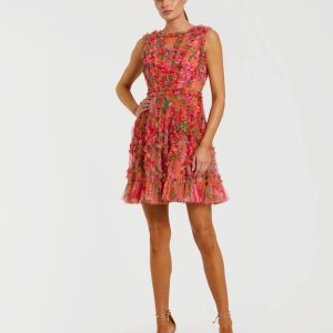 Orange Multicolor Micro Ruffle Floral A-Line Mini Dress
