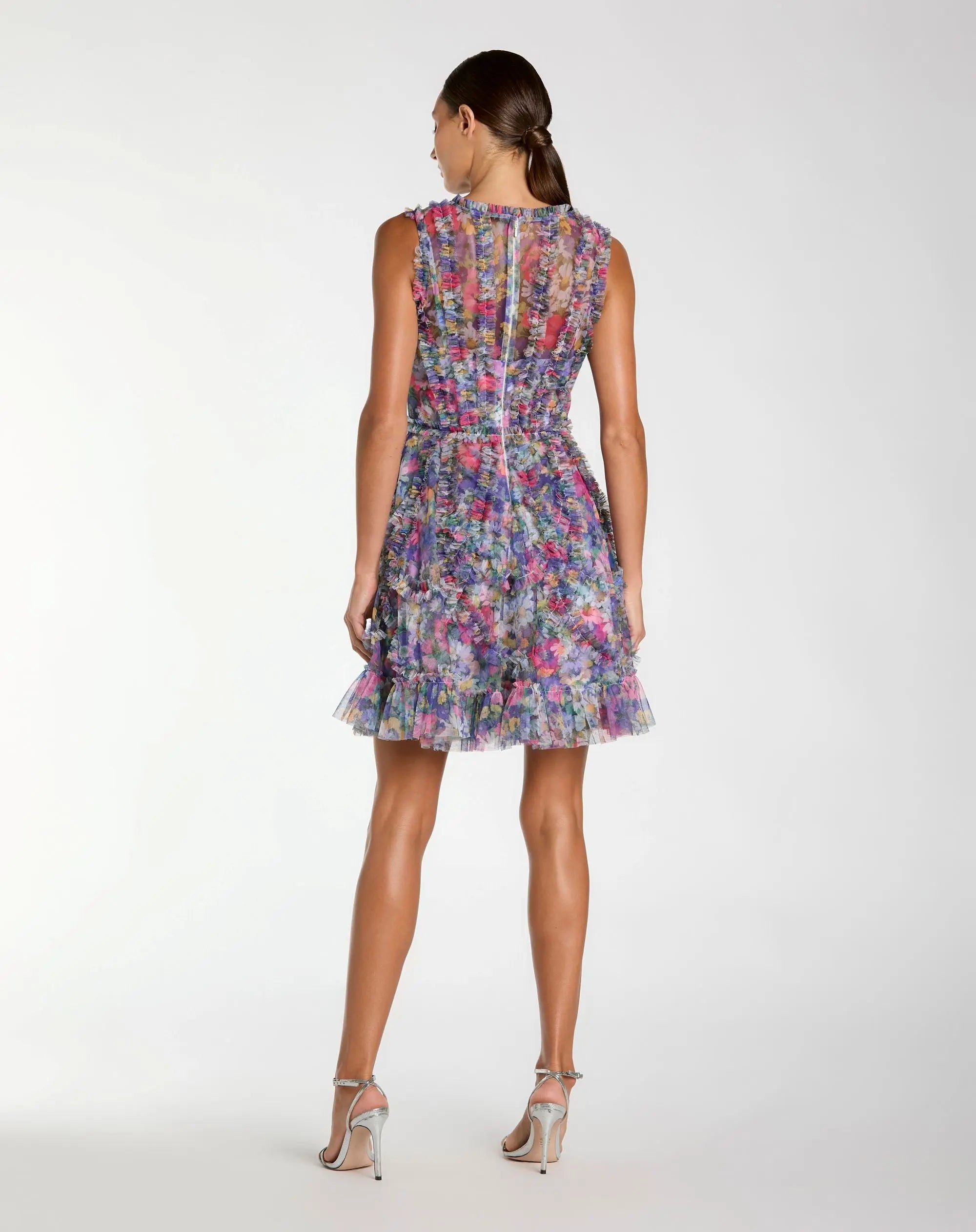 Purple Multicolor Micro Ruffle Floral A-Line Mini Dress - Image 3