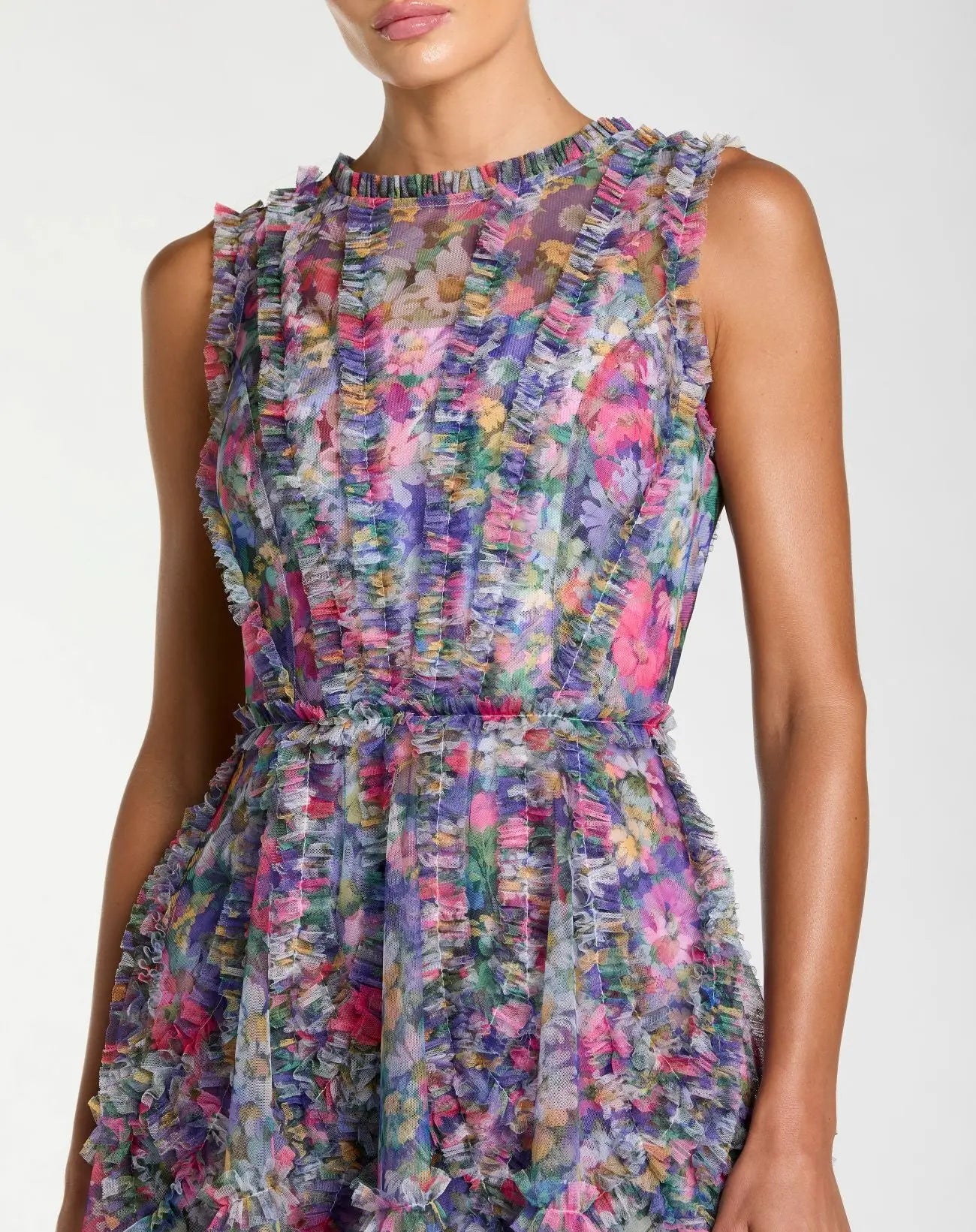 Purple Multicolor Micro Ruffle Floral A-Line Mini Dress - Image 2