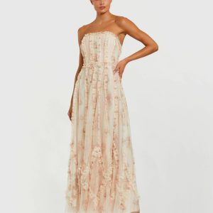 Pink and White Strapless Floral Ruffle Dress