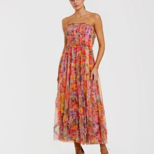 Multicolor Strapless Floral Ruffle Dress