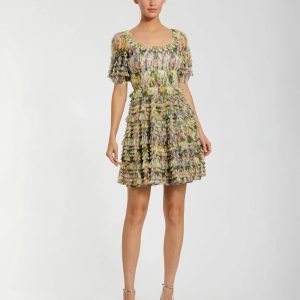 Multicolor Floral Puff Sleeve Ruffle Mini Dress