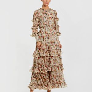 Beige Floral Tiered Ruffle Midi Dress with Long Sleeves