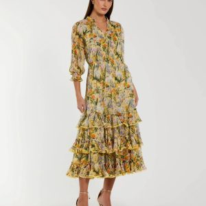 Yellow Floral V Neck Ruffle Midi Dress With 3/4 Sleeves