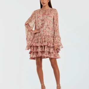 Pink Floral Long Sleeve Ruffle Mini Dress