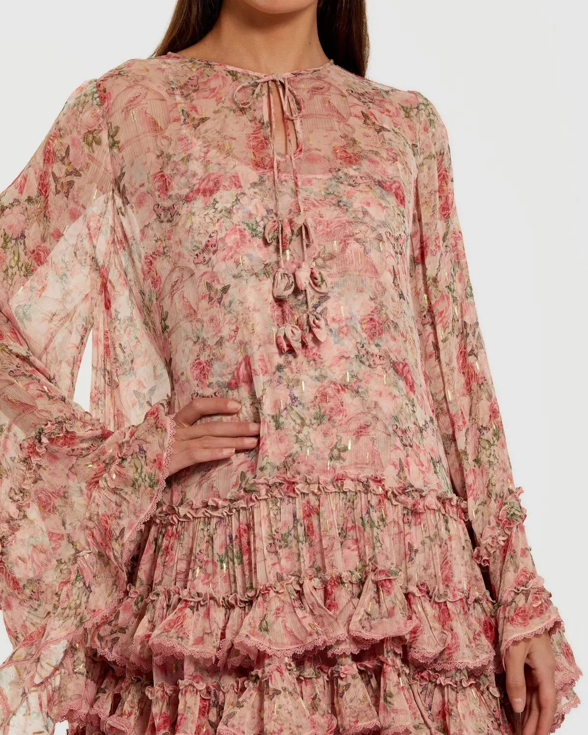 Pink Floral Long Sleeve Ruffle Mini Dress - Image 2