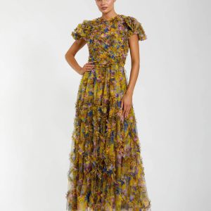 Yellow Micro Ruffle Floral Maxi Dress