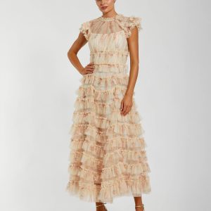 Pink Cap Sleeve Micro Ruffle Floral Midi Dress
