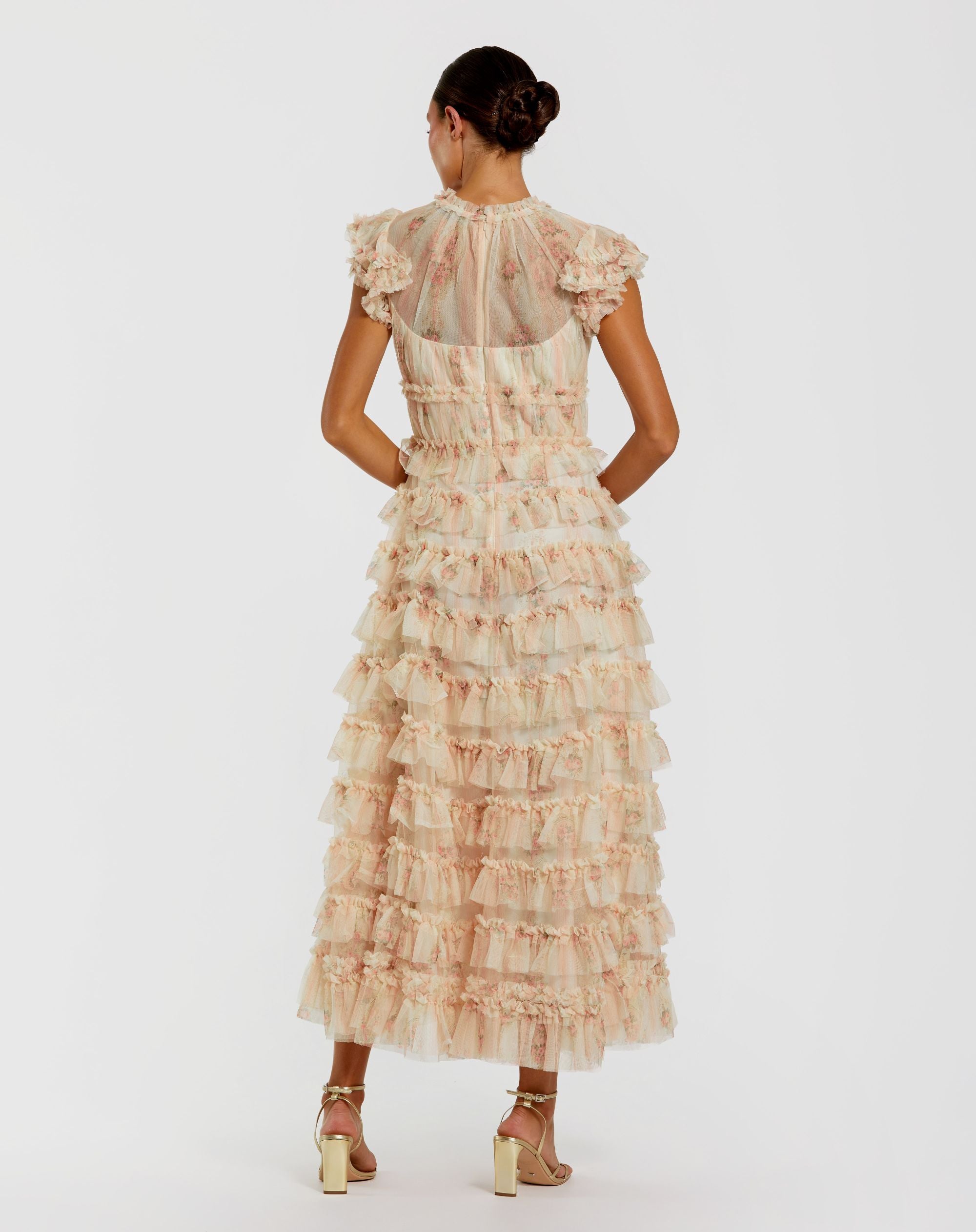 Pink Cap Sleeve Micro Ruffle Floral Midi Dress - Image 3