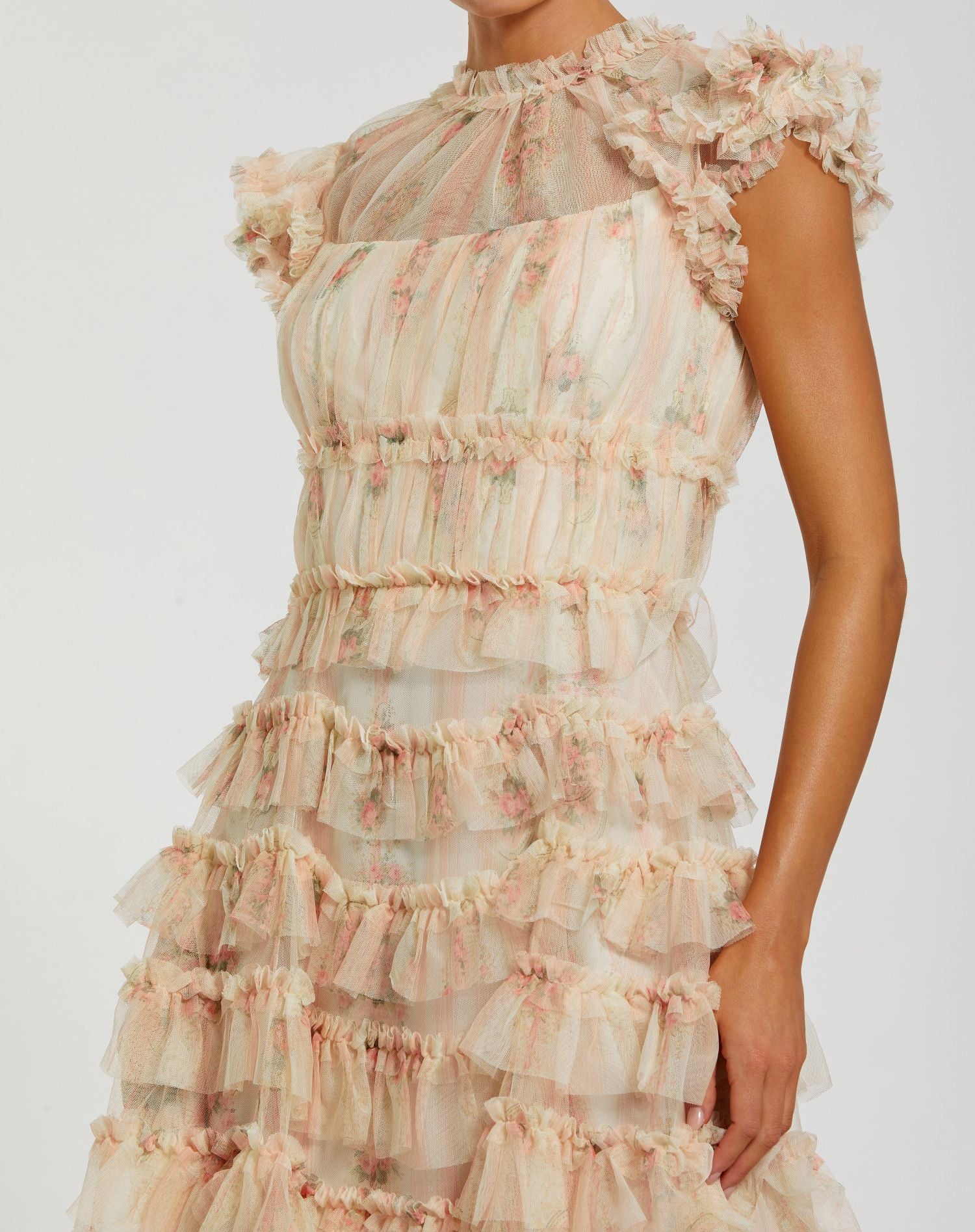 Pink Cap Sleeve Micro Ruffle Floral Midi Dress - Image 2