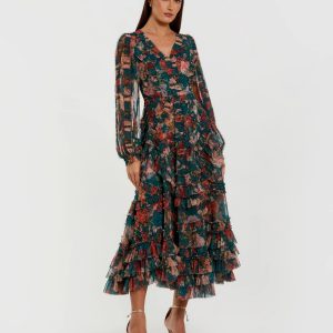 Teal Long Sleeve Floral Midi Dress With Ruffles