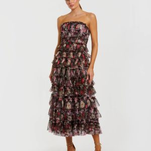Black Multicolor Strapless Micro Ruffle A Line Midi Dress
