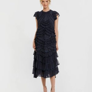 Navy High Neck Cap Sleeve Micro Ruffle Midi Dress