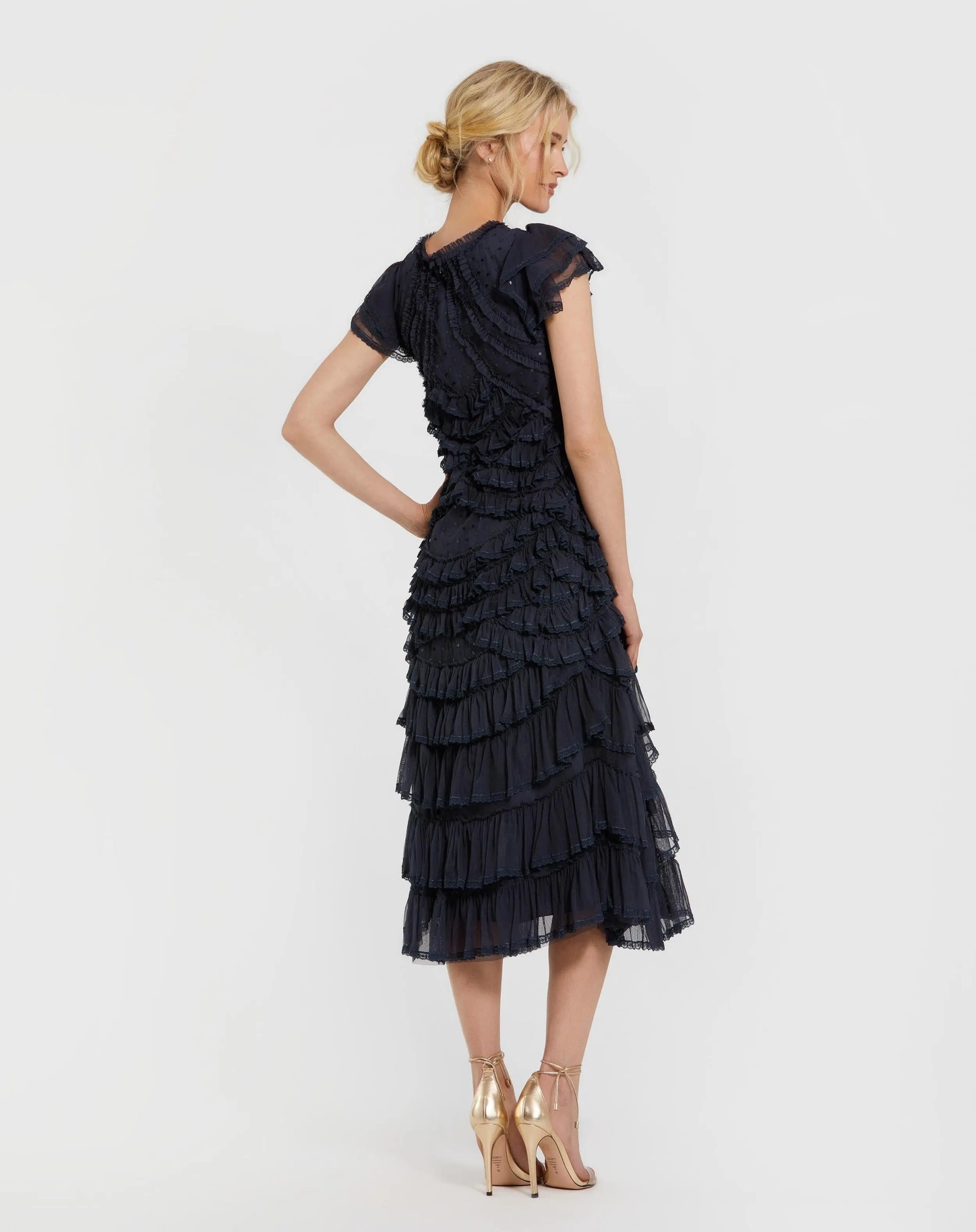 Navy High Neck Cap Sleeve Micro Ruffle Midi Dress - Image 3