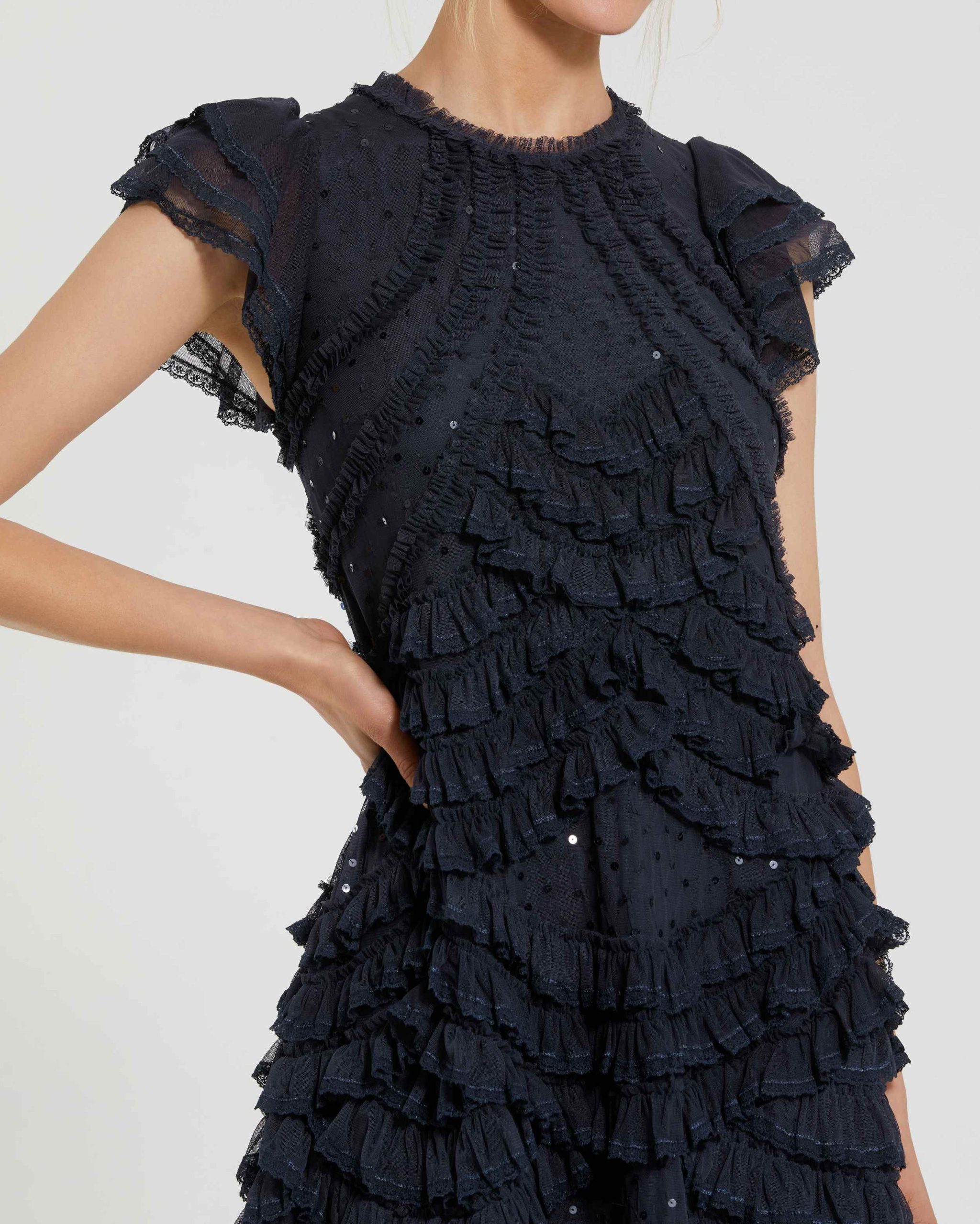 Navy High Neck Cap Sleeve Micro Ruffle Midi Dress - Image 2