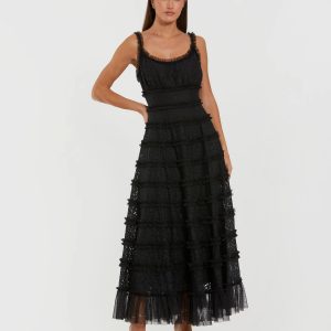 Black Sleeveless Lace A Line Midi Dress With Ruffles