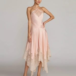 Light Pink Lace Trim Handkerchief Midi Dress