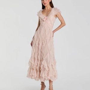 Pink Micro Ruffle Cap Sleeve A-Line Midi Dress