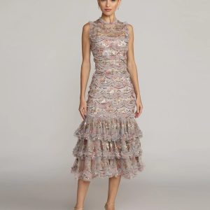 Multicolor Sleeveless Sequin Tiered Ruffle Midi Dress