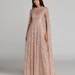 Pink Embellished High Neck Gown With Cape Sleeves