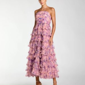 Pink Floral Ruffle Tiered Strapless Midi Dress