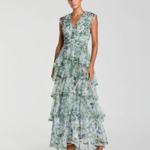 Blue Floral V Neck Tiered Ruffle Maxi Dress