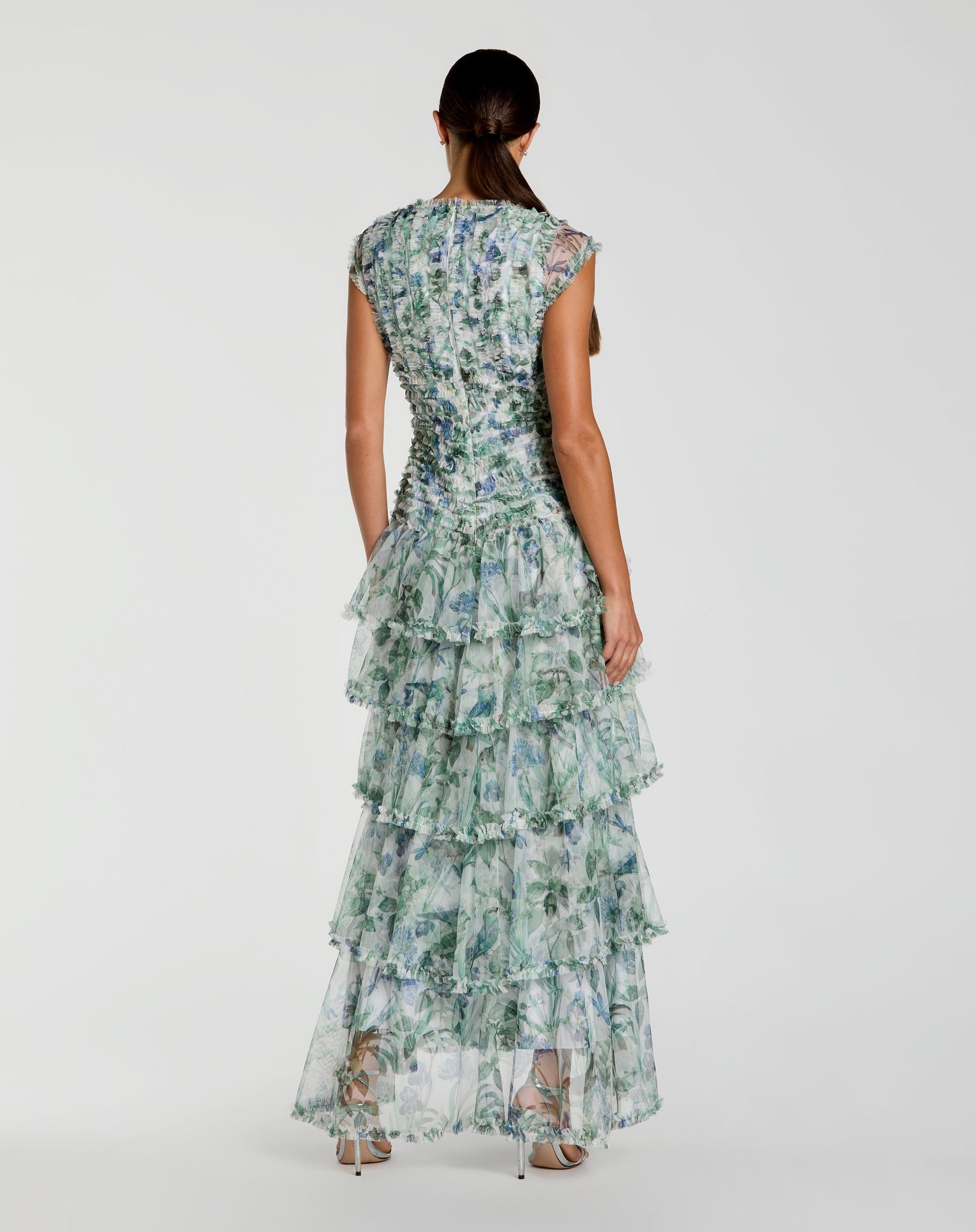 Blue Floral V Neck Tiered Ruffle Maxi Dress - Image 3
