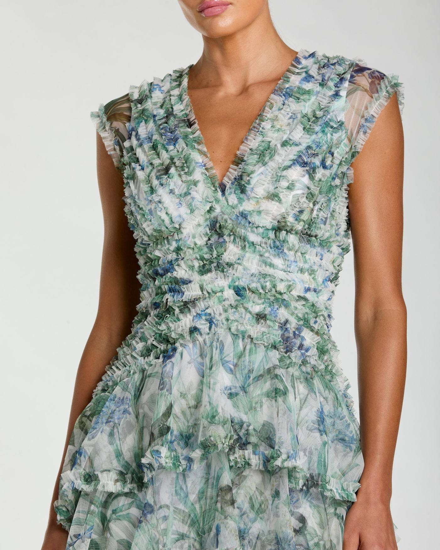 Blue Floral V Neck Tiered Ruffle Maxi Dress - Image 2