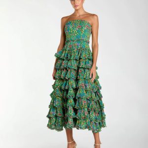 Green Strapless Floral Cotton Ruffle Midi Dress