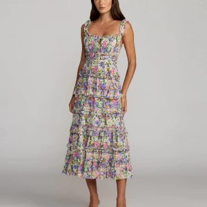 Multicolor Floral Ruffle A-Line Cotton Midi Dress
