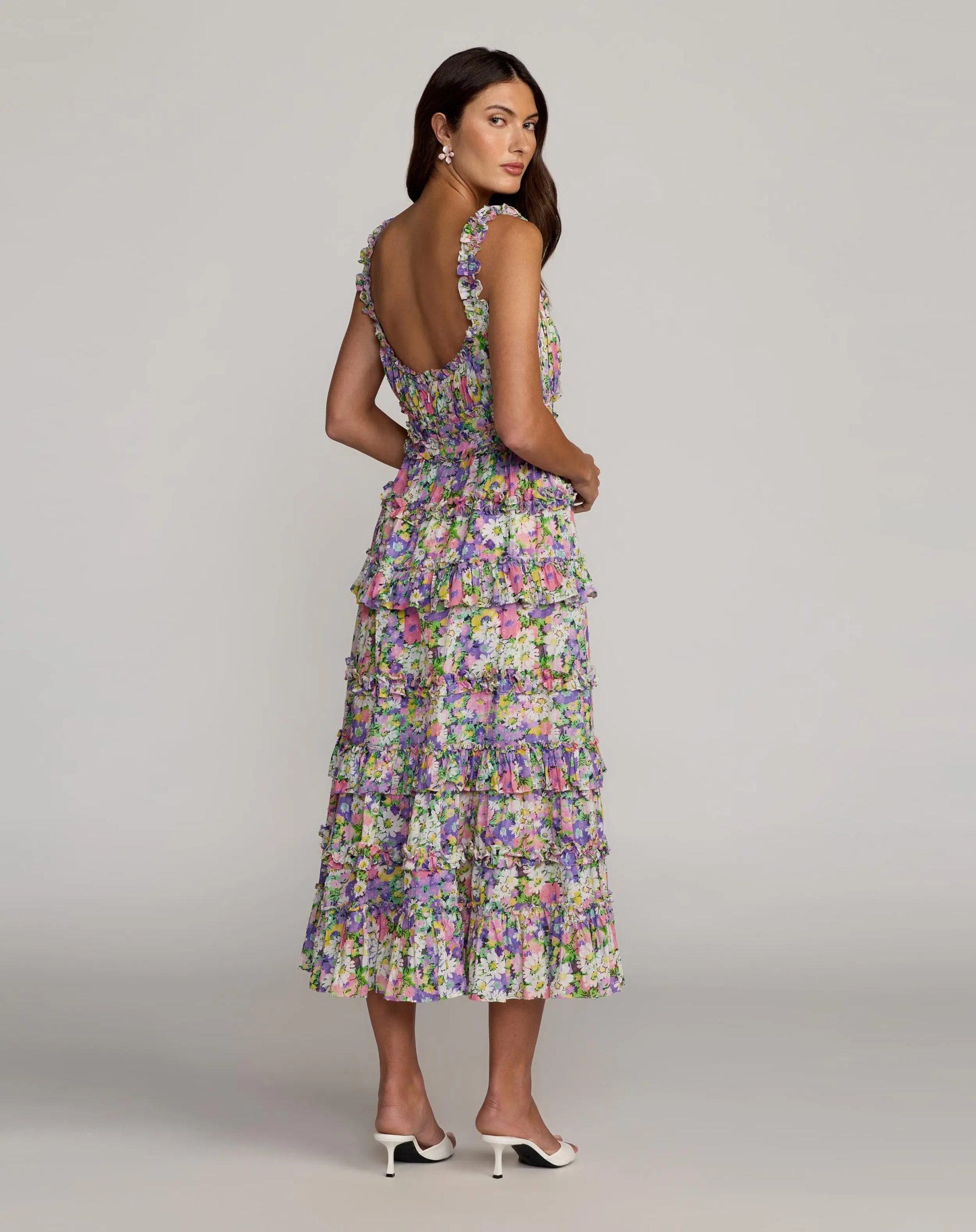 Multicolor Floral Ruffle A-Line Cotton Midi Dress - Image 3