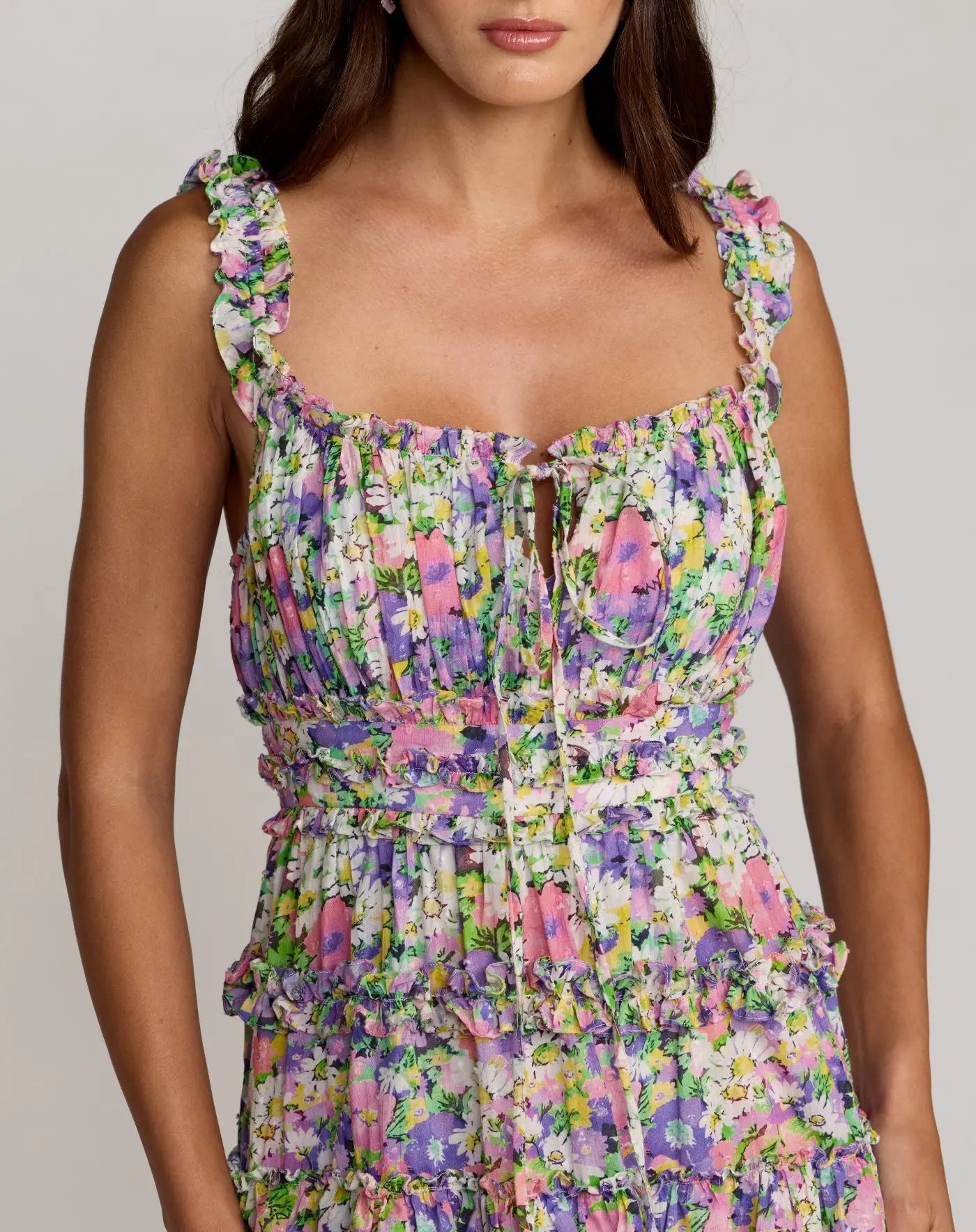 Multicolor Floral Ruffle A-Line Cotton Midi Dress - Image 2