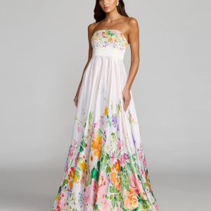 White Floral Print Strapless Satin A Line Gown With Pockets