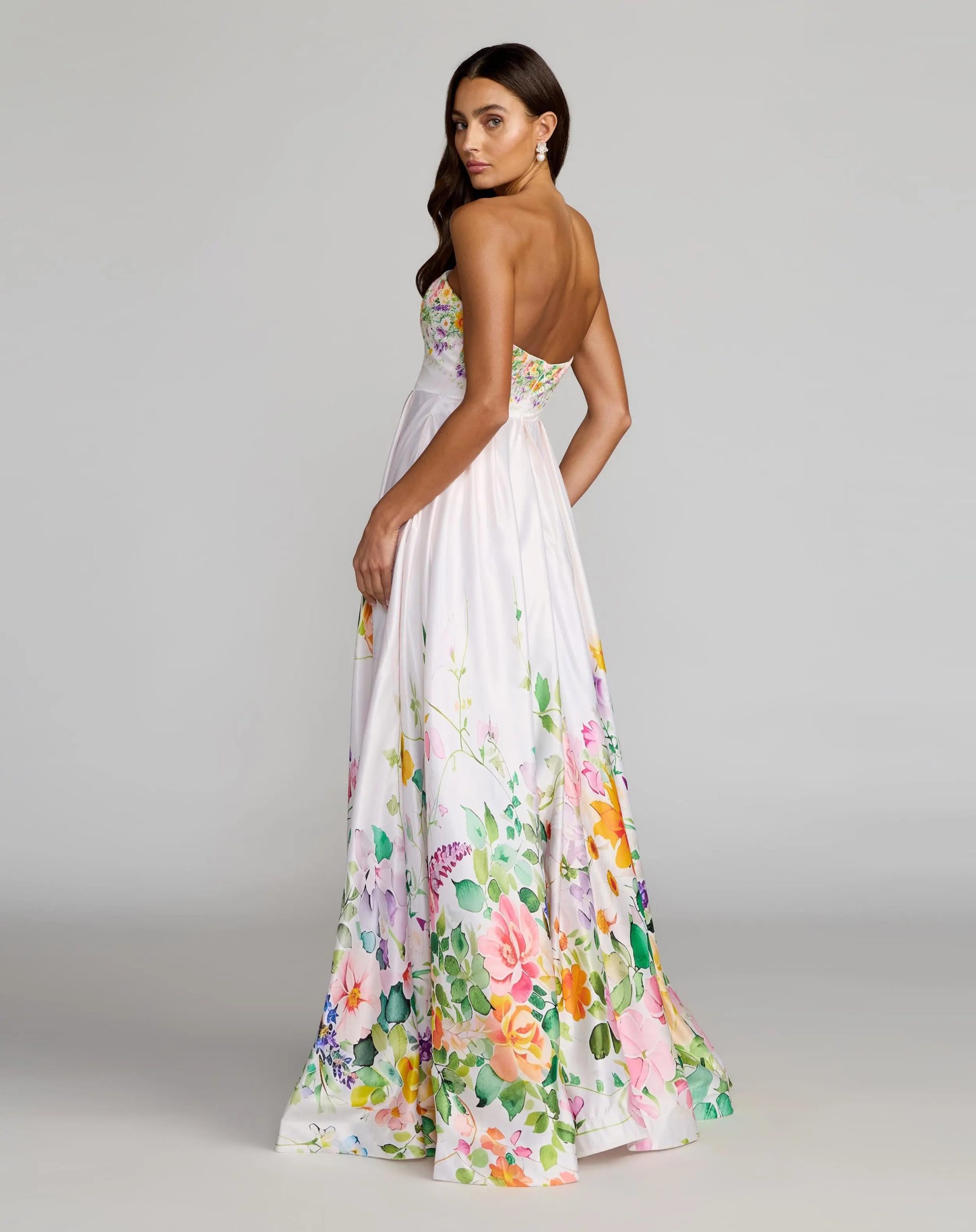 White Floral Print Strapless Satin A Line Gown With Pockets - Image 3