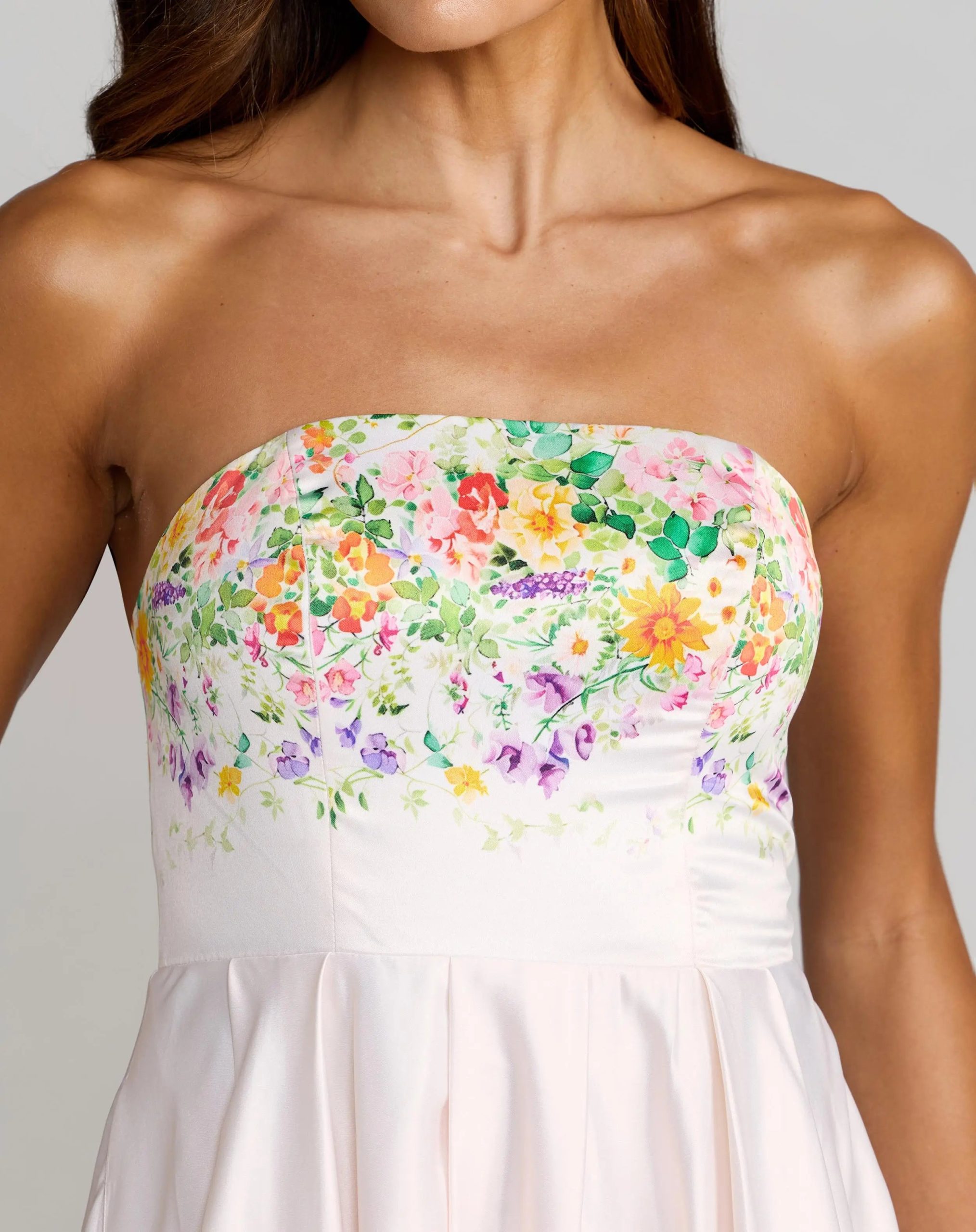 White Floral Print Strapless Satin A Line Gown With Pockets - Image 2